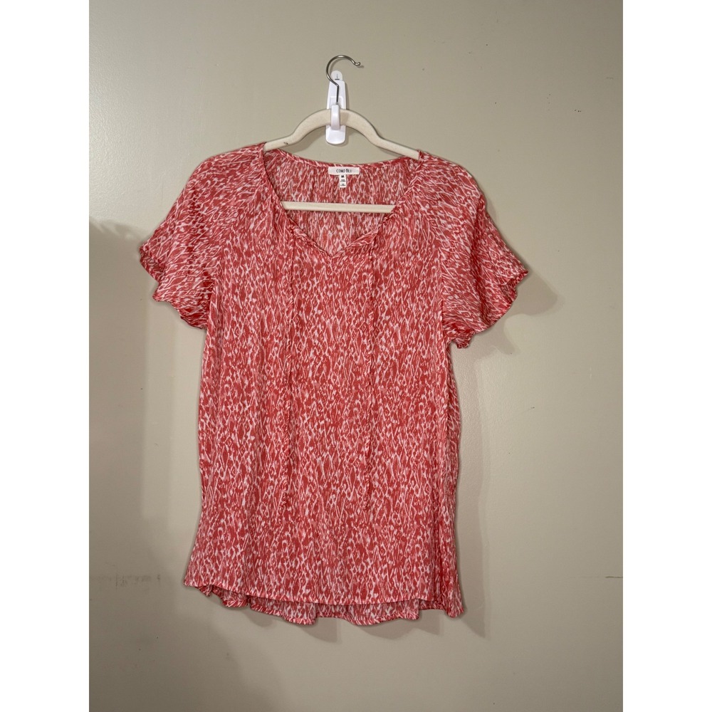 Como Blu Womens Red White Ikat Print V-Neck Flutter Sleeve Blouse Top Medium